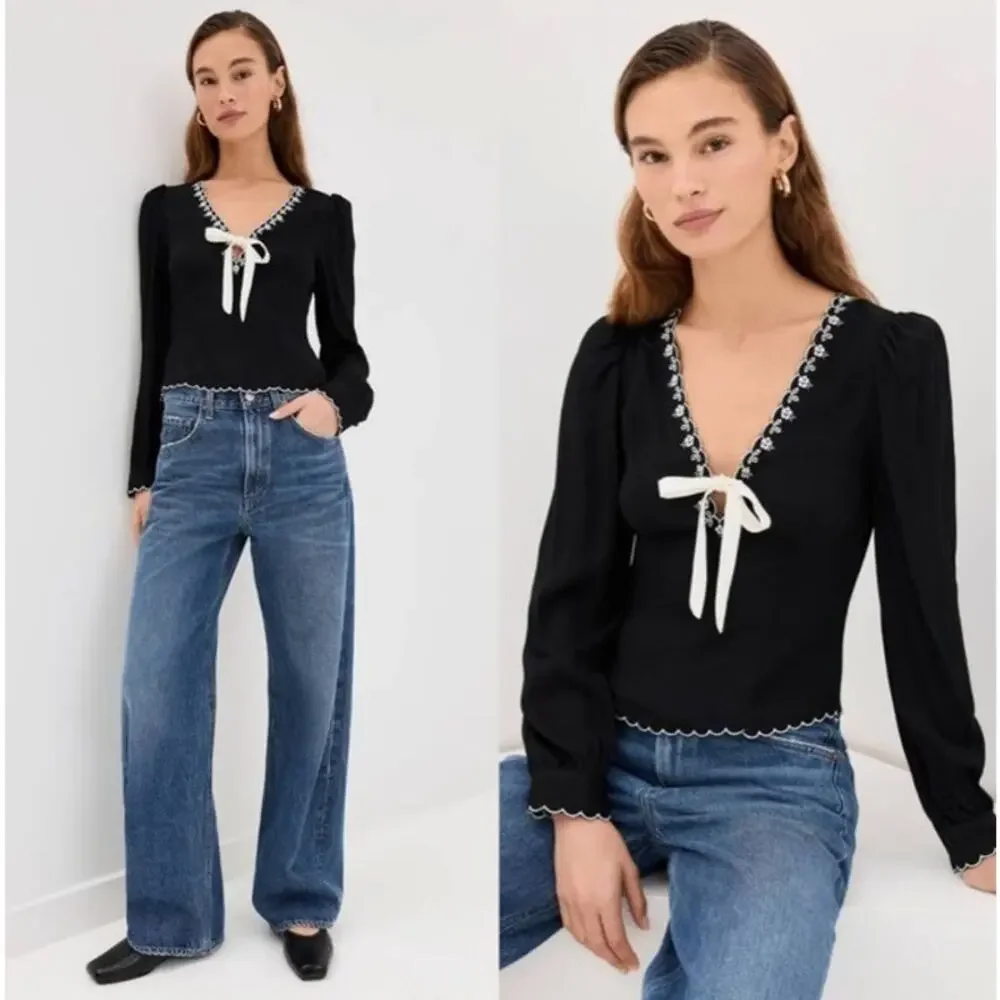 Reformation Vivia Embroidered Scallop Top Black Long Sleeve Tie Front